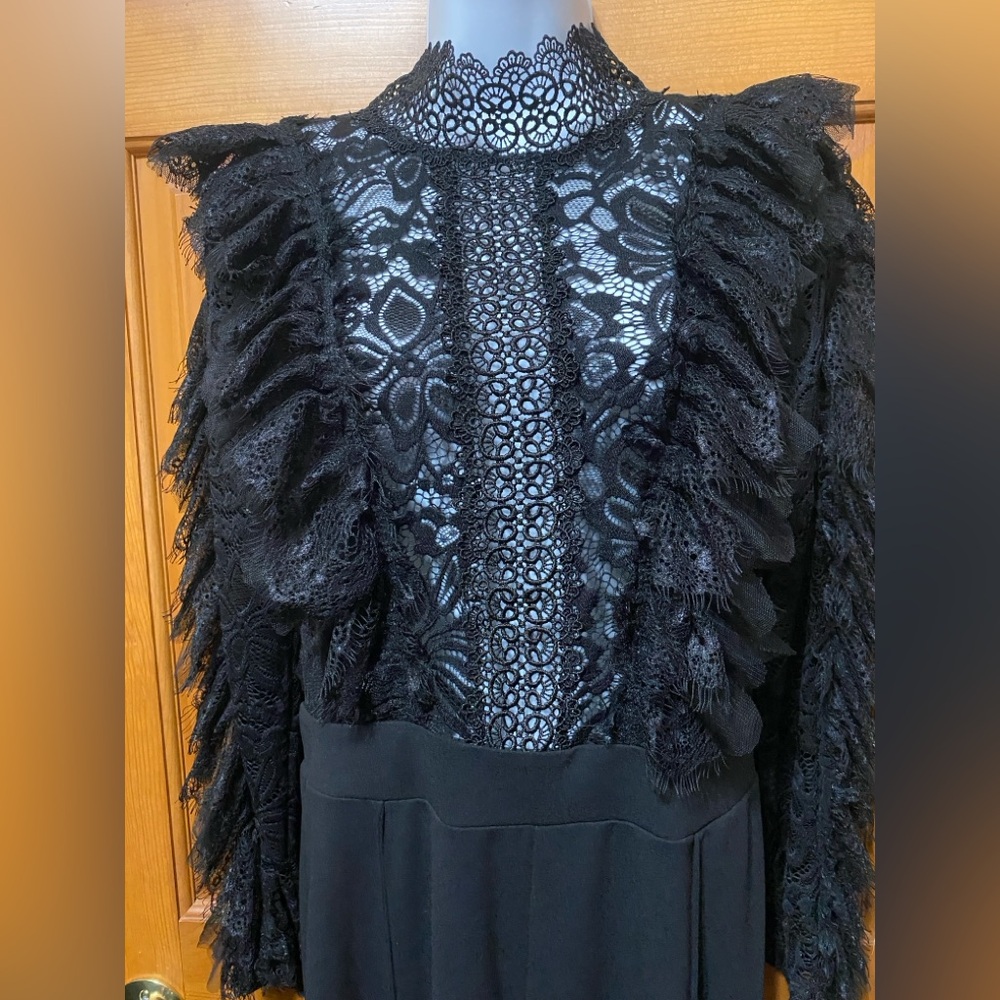 Fashion Nova Black Lace Feather Sleeve High-Waist Jumpsuit - Picture 4 of 5